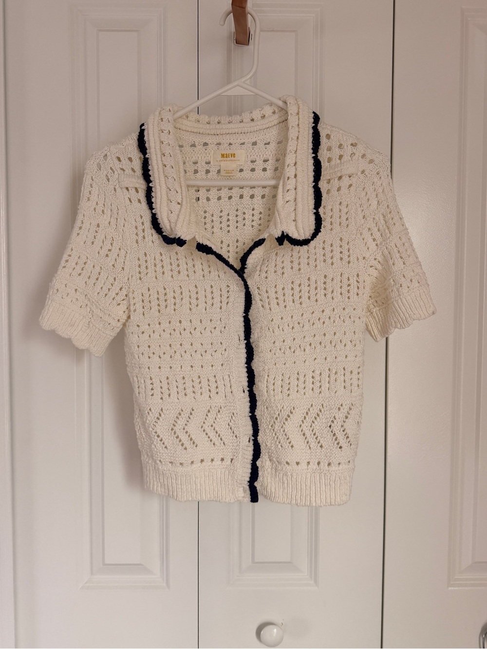 Cream Short-Sleeve Knit Sweater with Navy Trim - Maeve